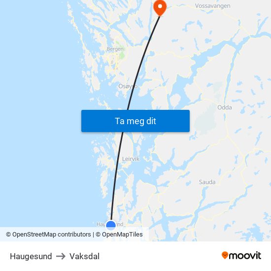 Haugesund to Vaksdal map