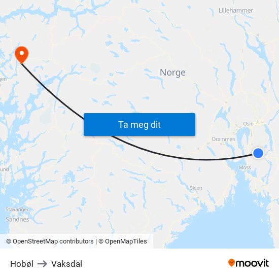Hobøl to Vaksdal map