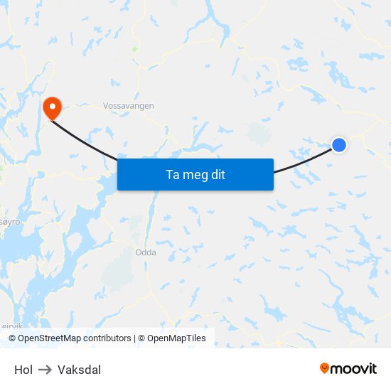 Hol to Vaksdal map