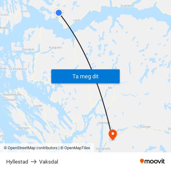 Hyllestad to Vaksdal map