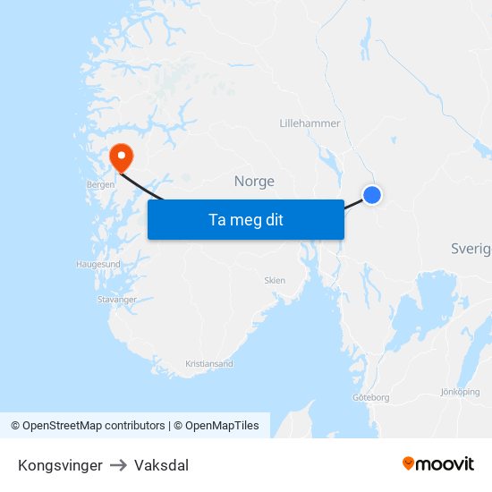 Kongsvinger to Vaksdal map