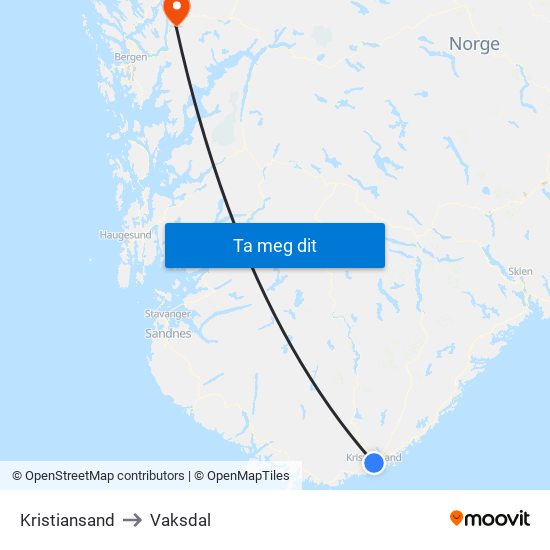 Kristiansand to Vaksdal map
