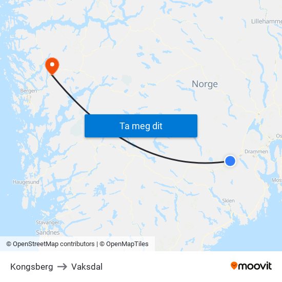 Kongsberg to Vaksdal map