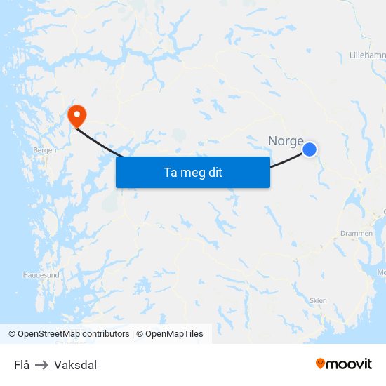 Flå to Vaksdal map