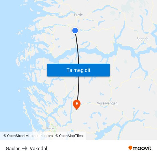 Gaular to Vaksdal map