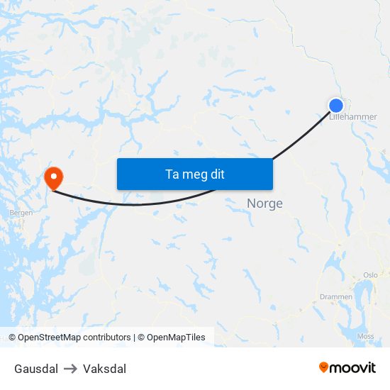 Gausdal to Vaksdal map