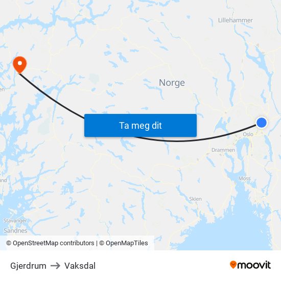 Gjerdrum to Vaksdal map