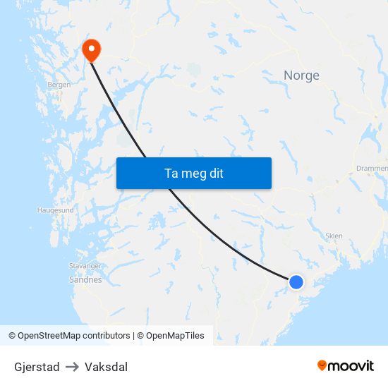 Gjerstad to Vaksdal map