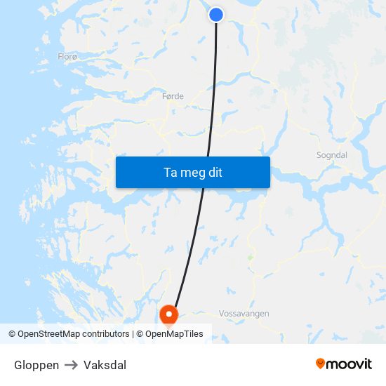 Gloppen to Vaksdal map