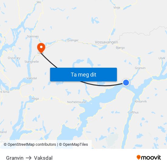 Granvin to Vaksdal map