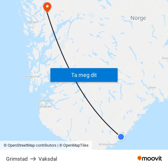 Grimstad to Vaksdal map