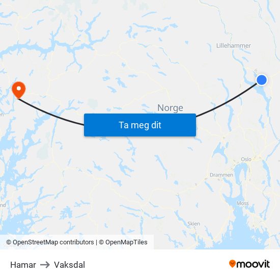 Hamar to Vaksdal map