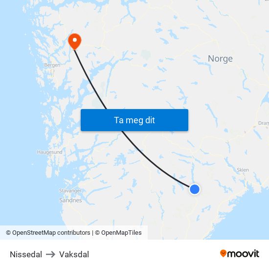 Nissedal to Vaksdal map