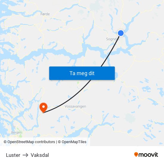 Luster to Vaksdal map