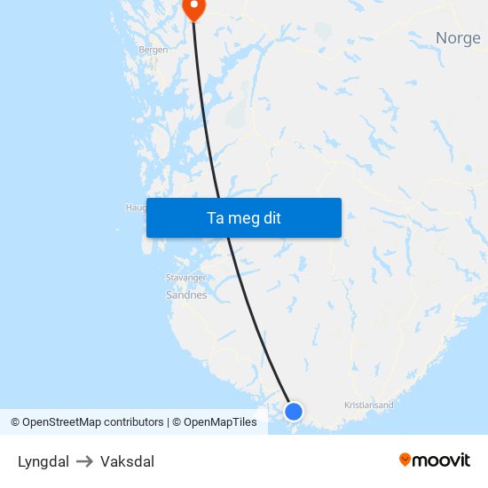 Lyngdal to Vaksdal map