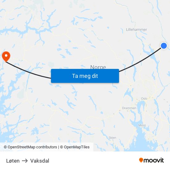 Løten to Vaksdal map