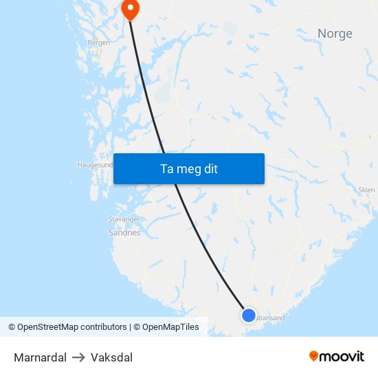 Marnardal to Vaksdal map