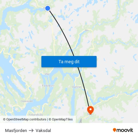Masfjorden to Vaksdal map