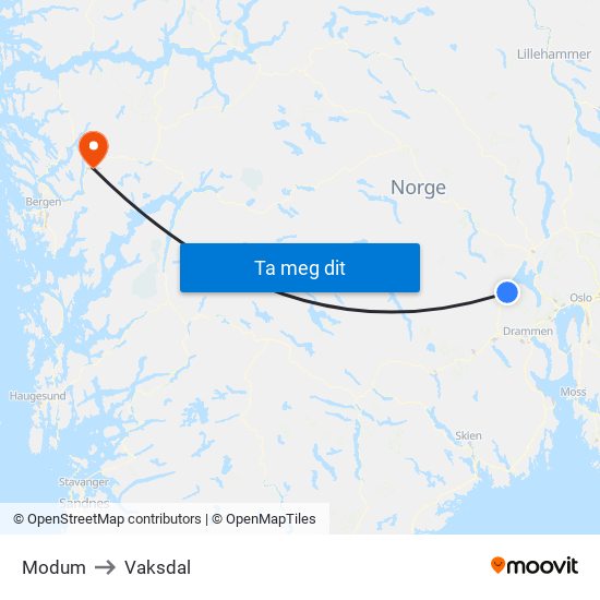 Modum to Vaksdal map