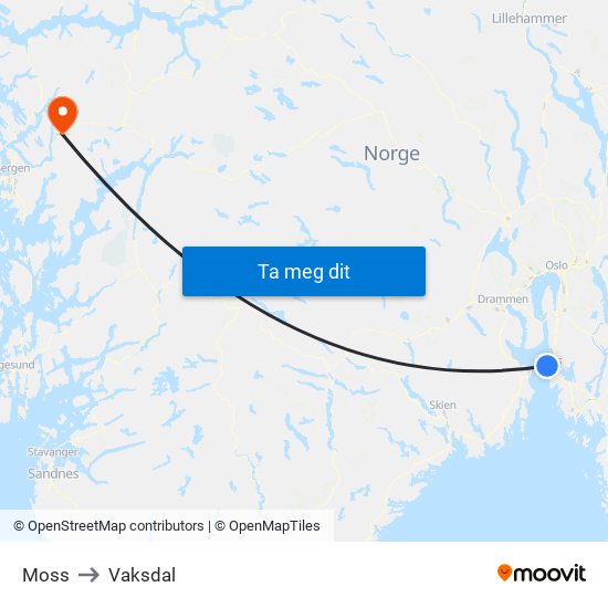 Moss to Vaksdal map