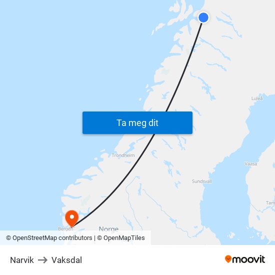 Narvik to Vaksdal map