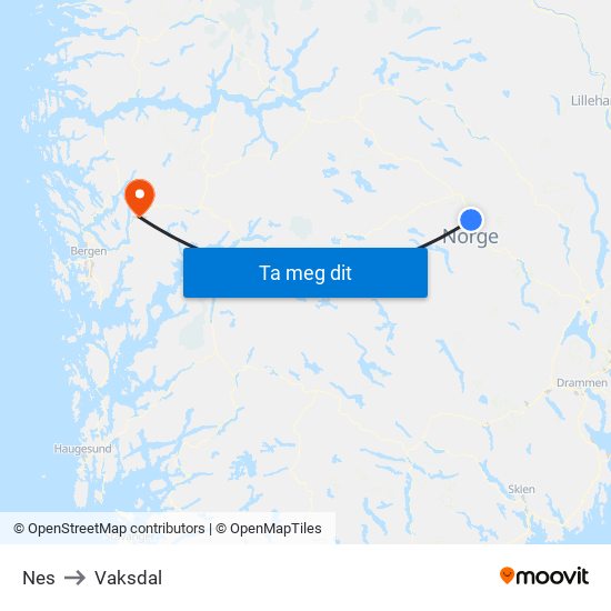 Nes to Vaksdal map