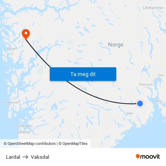 Lardal to Vaksdal map