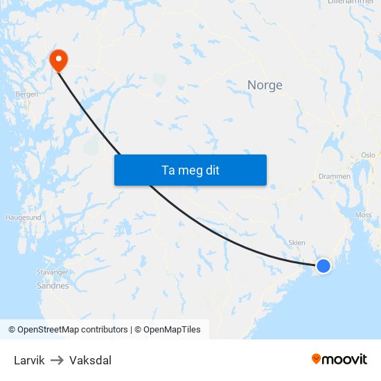 Larvik to Vaksdal map