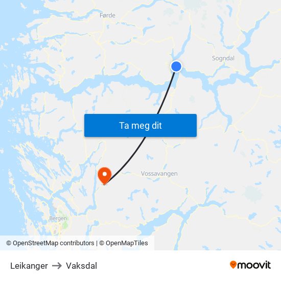 Leikanger to Vaksdal map