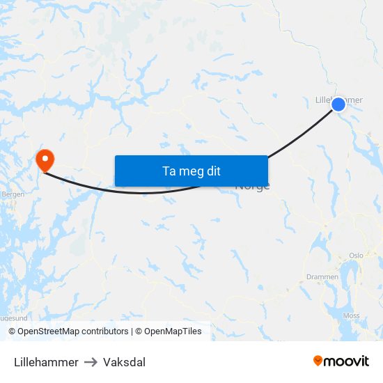 Lillehammer to Vaksdal map