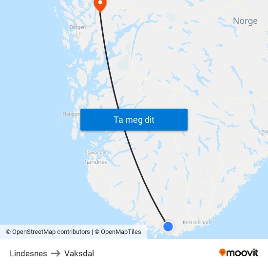 Lindesnes to Vaksdal map