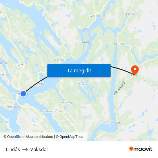 Lindås to Vaksdal map