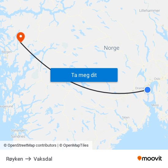 Røyken to Vaksdal map