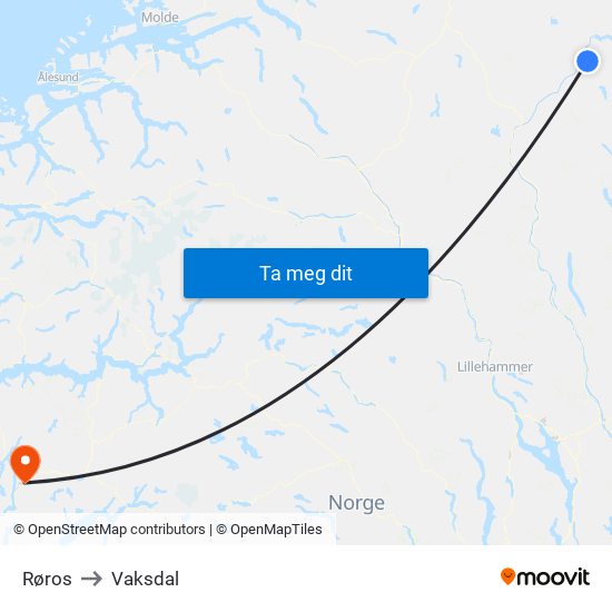 Røros to Vaksdal map