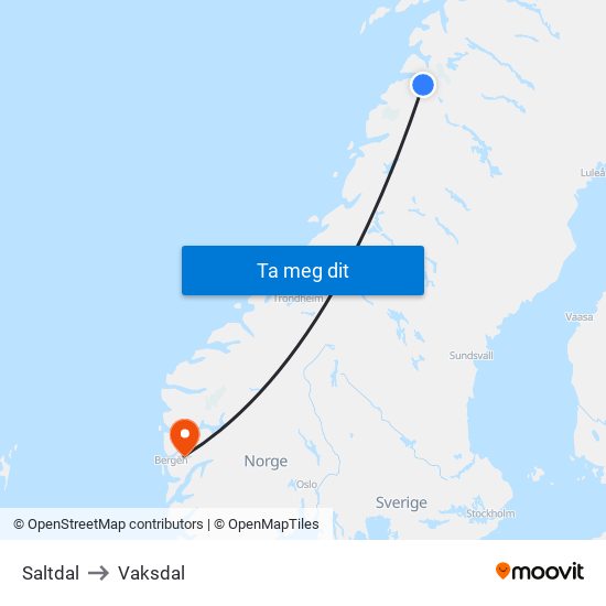 Saltdal to Vaksdal map