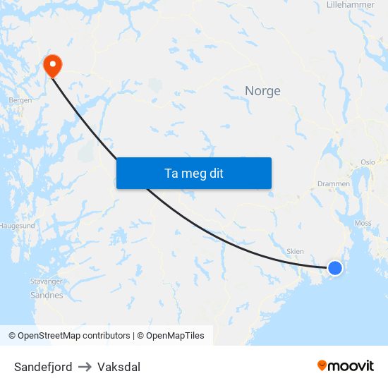Sandefjord to Vaksdal map