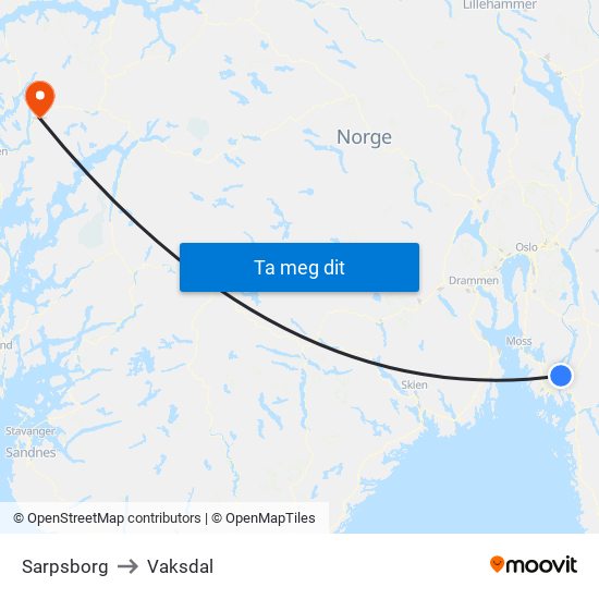 Sarpsborg to Vaksdal map