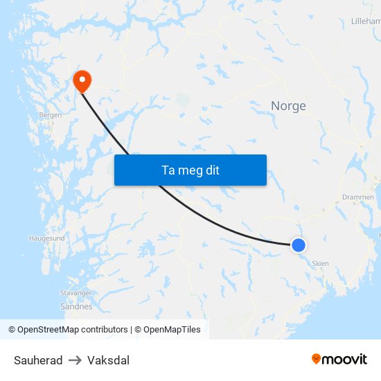 Sauherad to Vaksdal map