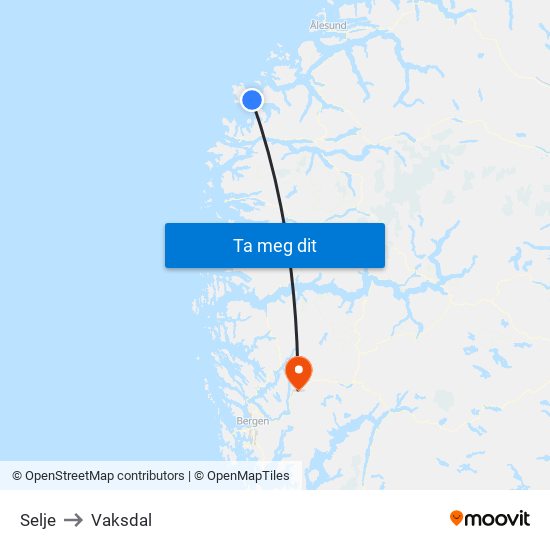 Selje to Vaksdal map