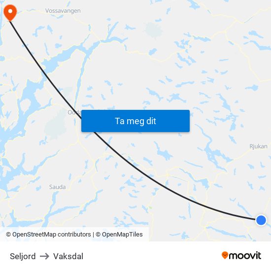 Seljord to Vaksdal map