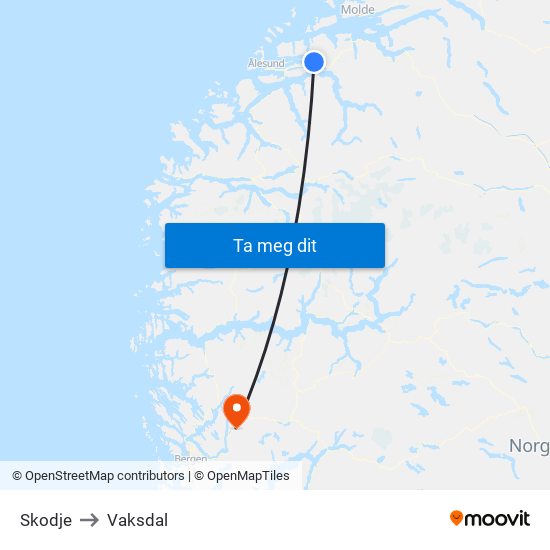 Skodje to Vaksdal map