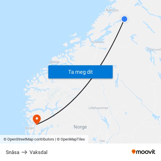 Snåsa to Vaksdal map