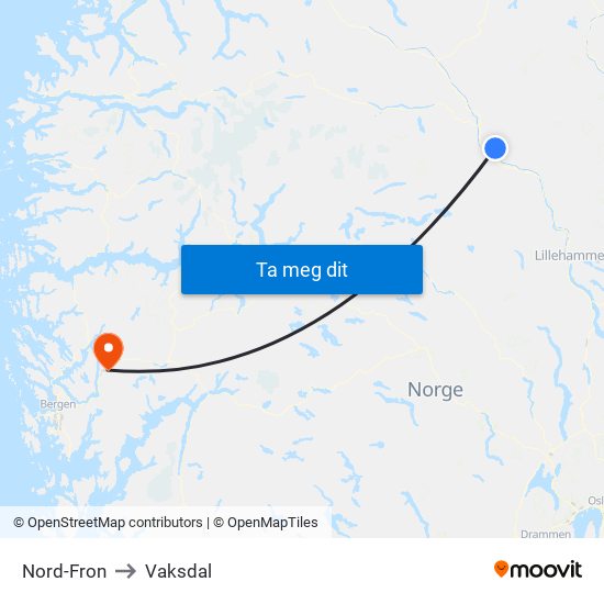 Nord-Fron to Vaksdal map