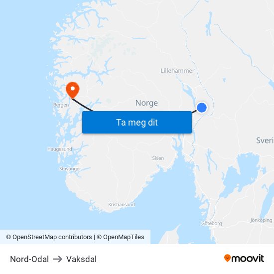 Nord-Odal to Vaksdal map