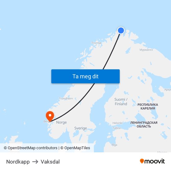Nordkapp to Vaksdal map