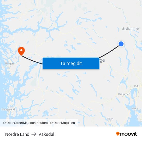 Nordre Land to Vaksdal map