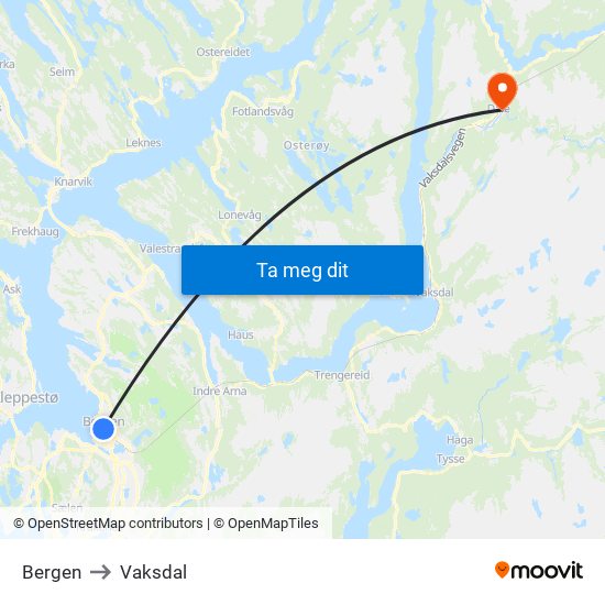 Bergen to Vaksdal map