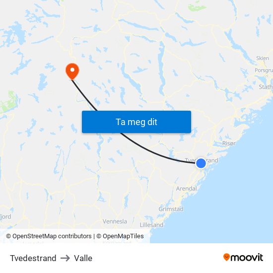 Tvedestrand to Valle map