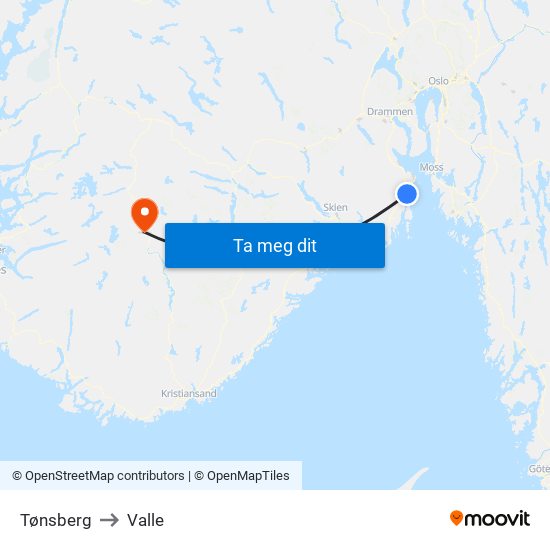 Tønsberg to Valle map