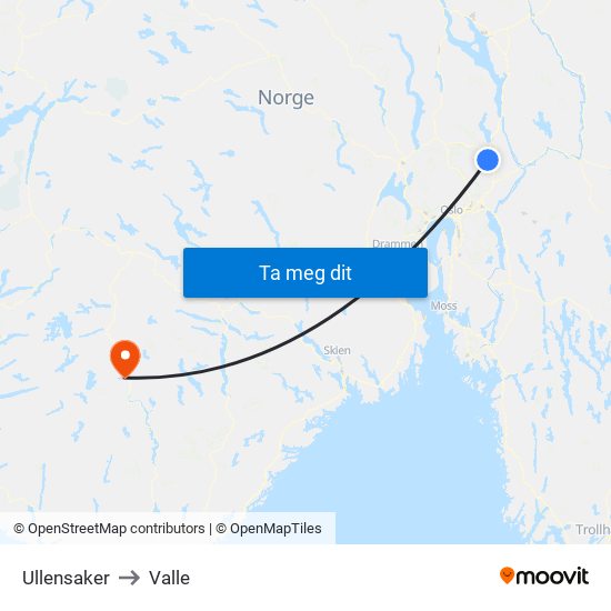 Ullensaker to Valle map